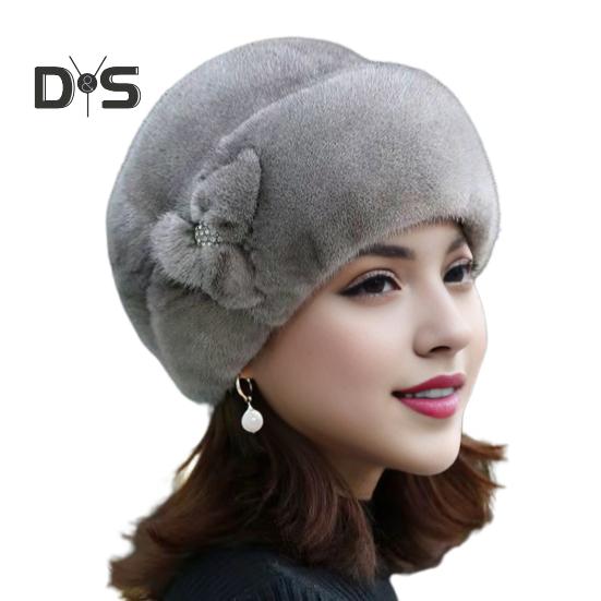 Mid-aged Women Winter Hat Thick Plush Faux Fur Heat Retention Windproof Solid Color Rhinestone Decor Outdoor Cycling Skiing Beanie