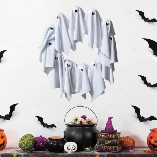 Halloweenský věnec s duchem 12 malých bílých látkových duchů girlanda na vchodové dveře zeď vnitřní venkovní závěsná dekorace