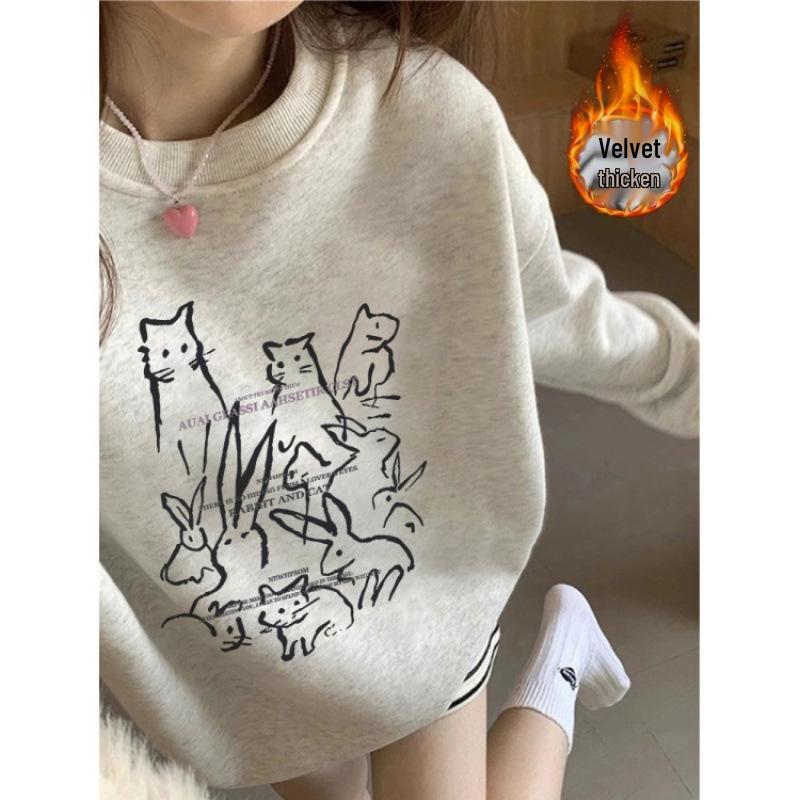 Women's Fleece-Lined Sweatshirt: Cartoon Cat, White & Gray, Long Sleeve, Round Neck, Autumn/Winter 2025 Style