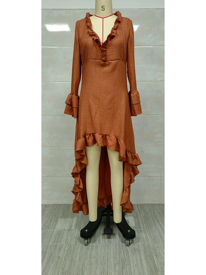 Women's Bohemian Pleated Ruffle Hem V-Neck Maxi Dress