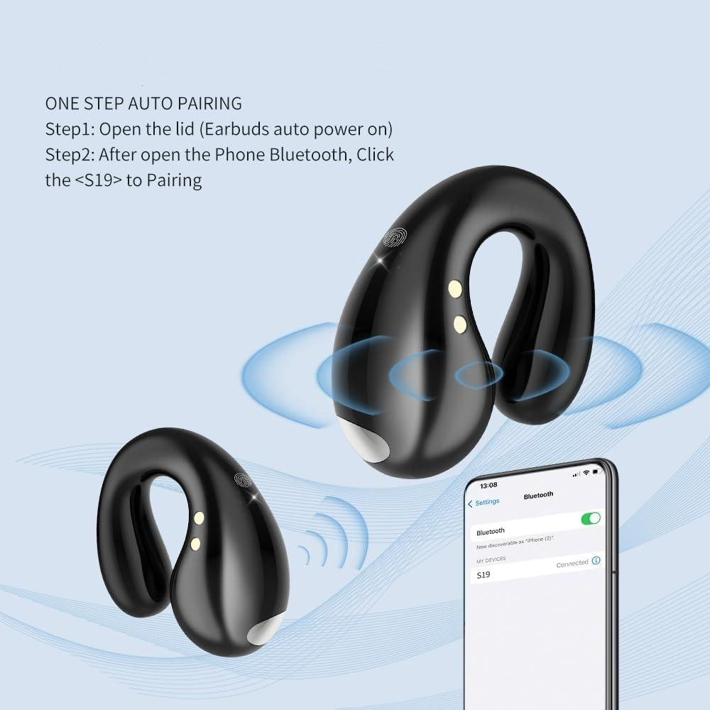 Open Ear Bone Conduction Headphones Wireless Bluetooth 5.4 Sports Clip On Earbuds 40 Hour Digital Display Charging Case Waterproof Running Earphones