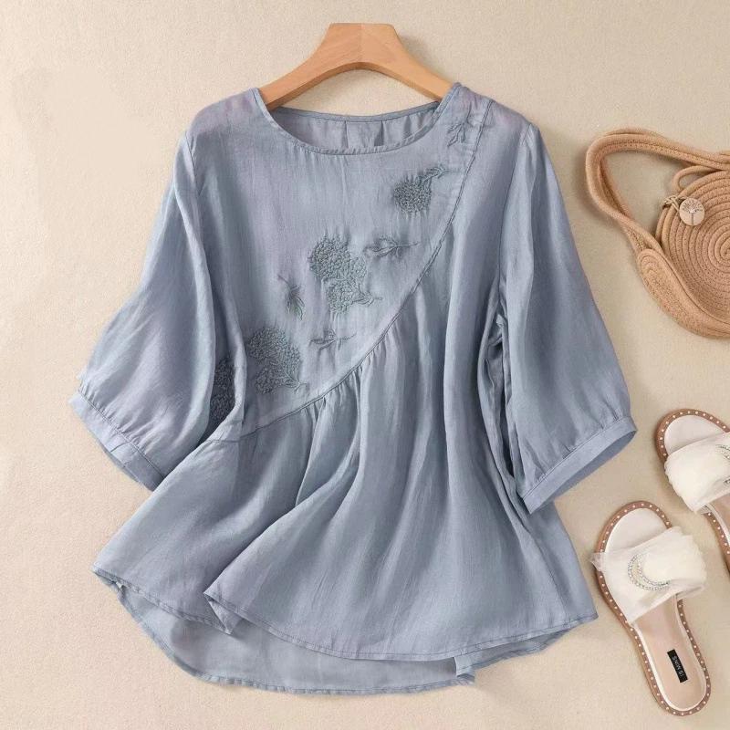 

women embroidered linen blend top round neck three quarter sleeve casual blouse M синий
