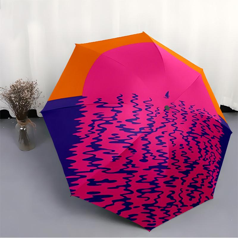 1pc Sunset Sailboat Automatic Open 8-Rib Windproof Umbrella, Travel & Commuting, Suitable for All Seasons