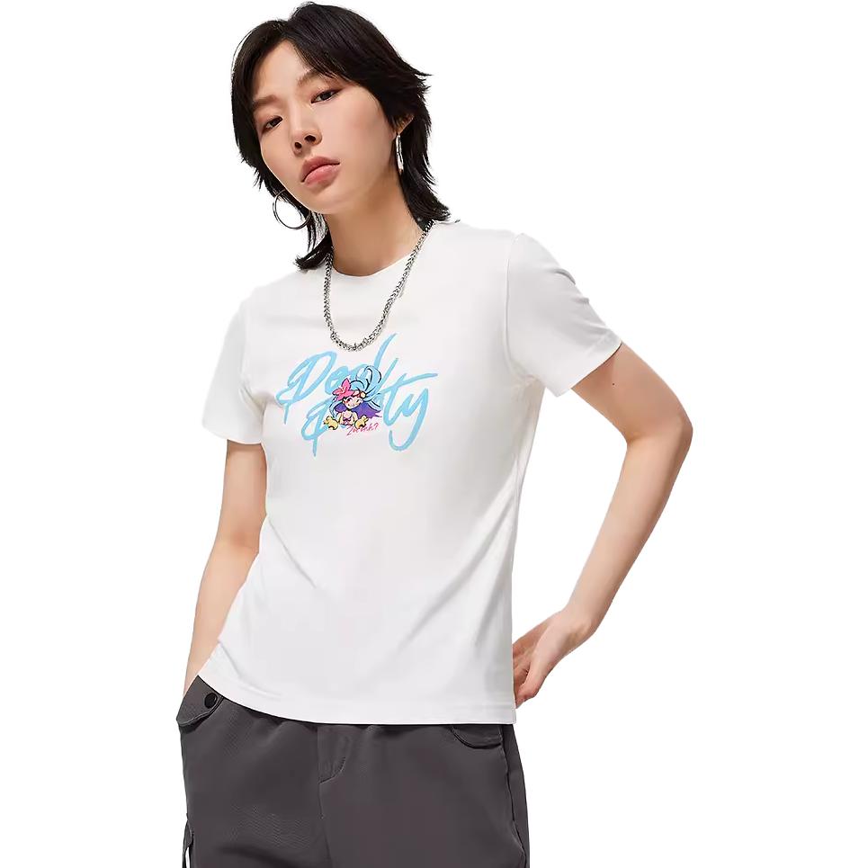 Li Ning X League Of Legends Pool Party Cartoon Pattern Printed Round Neck Short Sleeve T-Shirt Women Tops Off-White ATST808-1