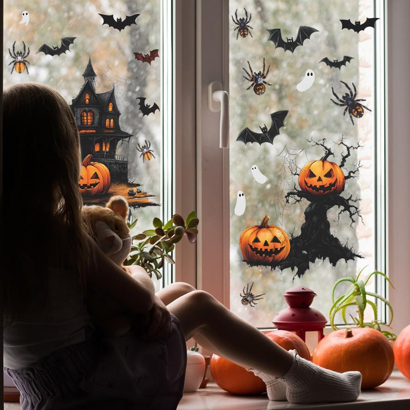 Halloween Window Stickers Pumpkin Bat Pattern Wall Stickers Self-Adhesive Bedroom Living Room Horror Decoration