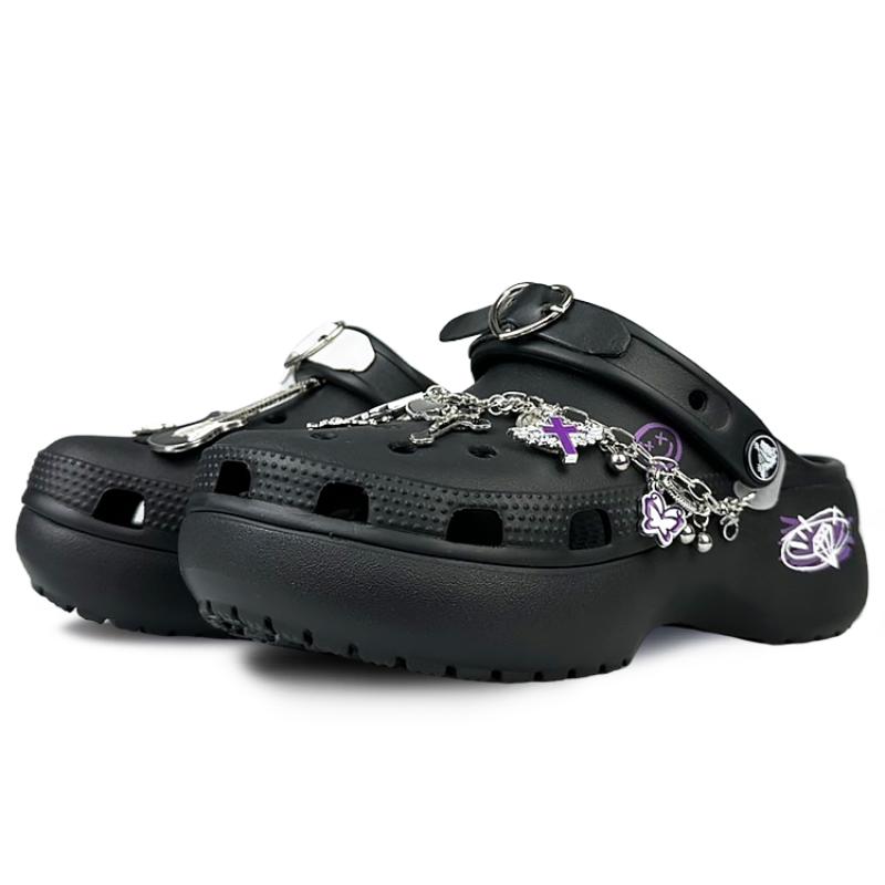 Crocs Classic Platform Clog BNK Dark Diamond Guitar Star Trend Sweet Cool Girly Cloud Clog Gift Box Hole Shoes Women's Black Pink