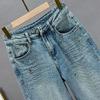 Women's High-Waisted Denim Jeans with Rhinestone Star Pendant - European Style, Summer Loose Fit, Slimming, Versatile Straight Leg.
