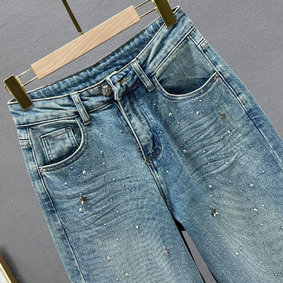 Women's High-Waisted Denim Jeans with Rhinestone Star Pendant - European Style, Summer Loose Fit, Slimming, Versatile Straight Leg.