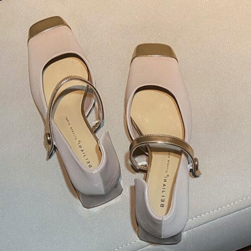 Women's Thick Heel Shoes Spring New Square Head Shallow Mouth Splicing A Word Buckle Waterproof Non-slip Low-top Shoes