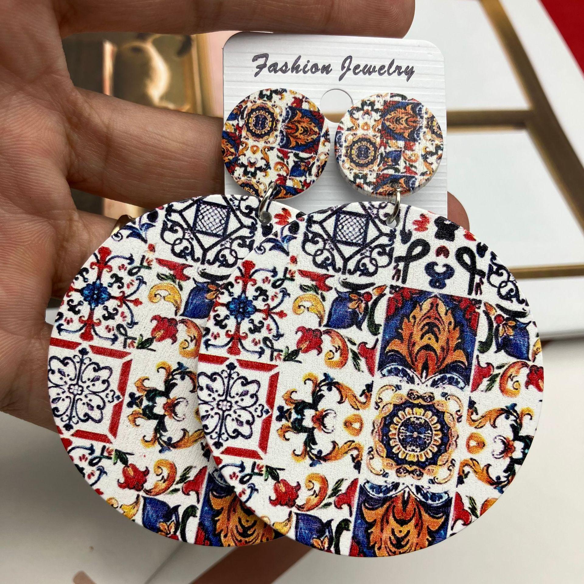 Italian Church Ceramic Pattern Large Wooden Earrings with Cotton and Linen - Bohemian Ear Accessories