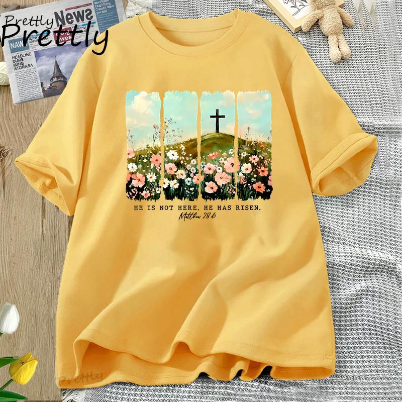 Er ist auferstanden Wildblumen-Print T-Shirt Frühling Ostern Designs T-Shirt Damen Trendy Ostern Christlich Jesus T-Shirt Damenbekleidung