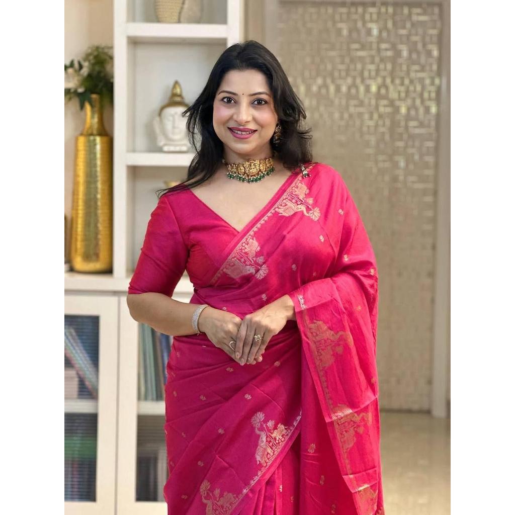 New Launch – Elegant Soft Banarasi Silk Saree with Pure Golden Zari Weaving & Royal Heavy Brocade Blouse