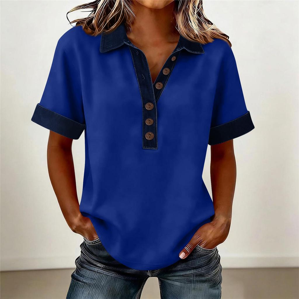 Denim Patchwork Shirts For Women Stand Collar Casual Blouse Short Sleeve Comfy Tshirt Spring Summer Fashion