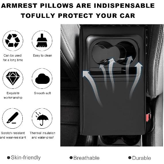 Car Center Console Armrest Pillow, Waterproof Leather Armrest Cushion with Cup Holder & Phone Holder, Memory Foam Arm Rest Box Cover Protector with