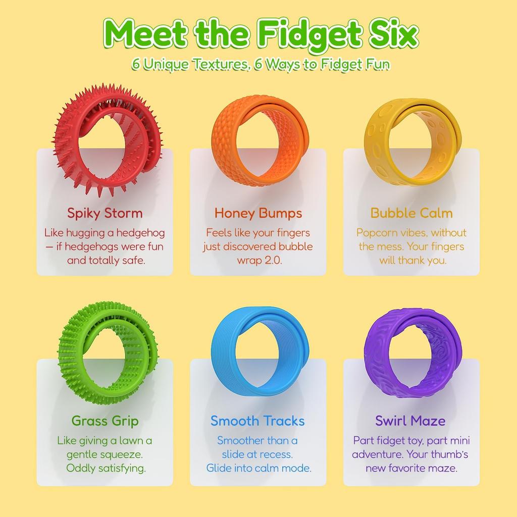 6 Pack Sensory Fidget Toys Slap Bracelets, Textured Silicone Sensory Toys for Kids, Calming Tool for Special Needs, Wearable Anxiety Relief Toys for