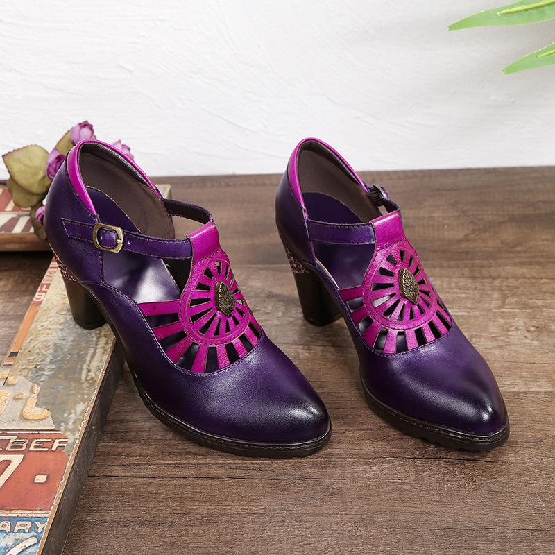 Johnature Genuine Leather Hollow Out Thick Heel Pointed High Heels Retro Pumps Hand Painted Shallow Women's Shoes