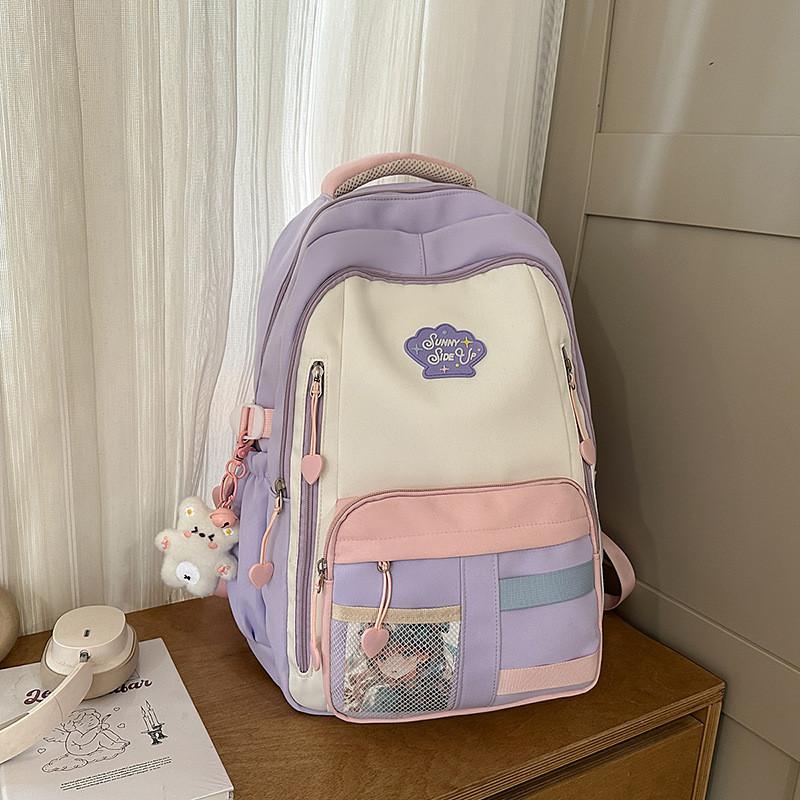 Blocked Cute Color Large Capacity Student Backpack With Pendant For Teens