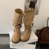 Eilyken Zimowy punkowy design klamra paska kozaki do kolan damskie modne okrągły nosek kwadratowe obcasy buty nowoczesne botki