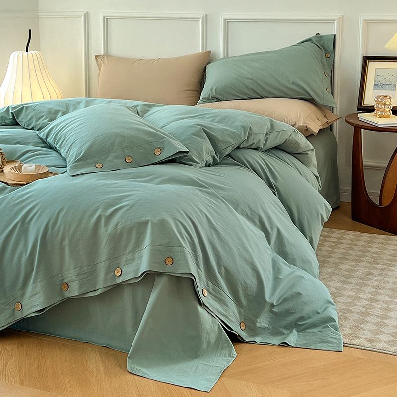 MUJI-Style Four-Piece Flannel & Washed Cotton Bedding Set with Buttoned Duvet Cover
