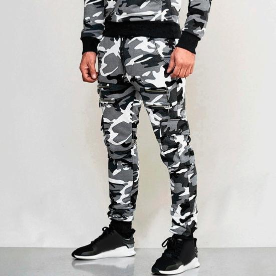 Erkek Kargo Pantolon Bağcıklı Elastik Bel Kamuflaj Desenli Çok Fermuarlı Cepler Bilek Bantlı Slim Fit Günlük Giyim Uzun Outdoor Pantolon
