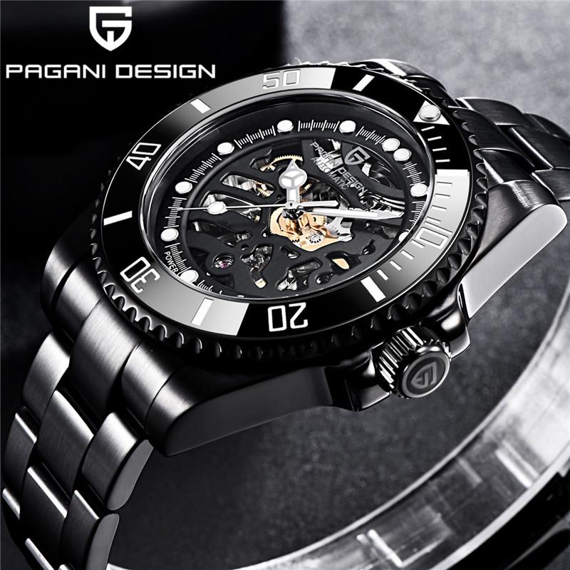 Pagani Design Automatic Mechanical Male Wristwatch Sapphire Glass Top Brand Luxury Black Stainless Steel Skeleton Men Watch 1659