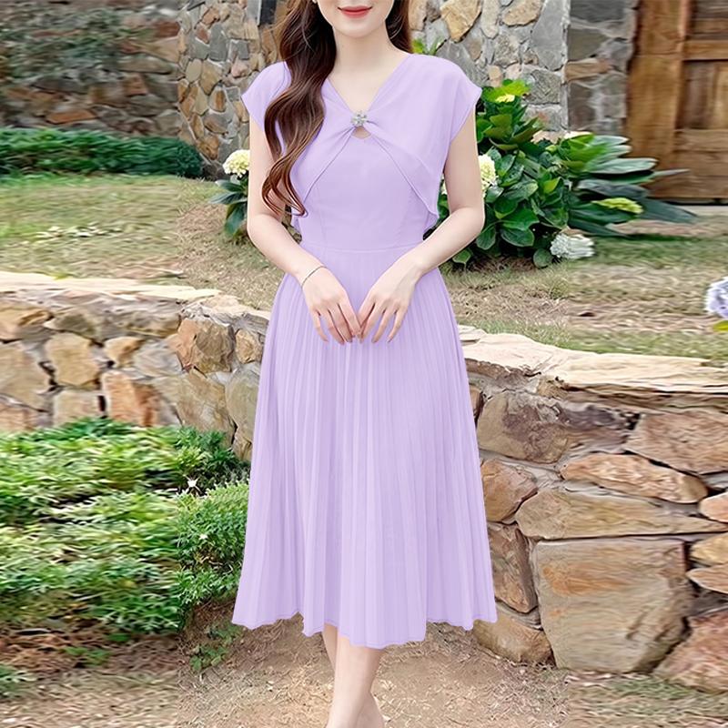 

ZANZEA Women Casual V-Neck Solid Color Short Sleeve Pleated Dress S светло-фиолетовый