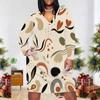 Women Plus Size V Neck Long Sleeve Abstract Printed Fitted Midi Dress