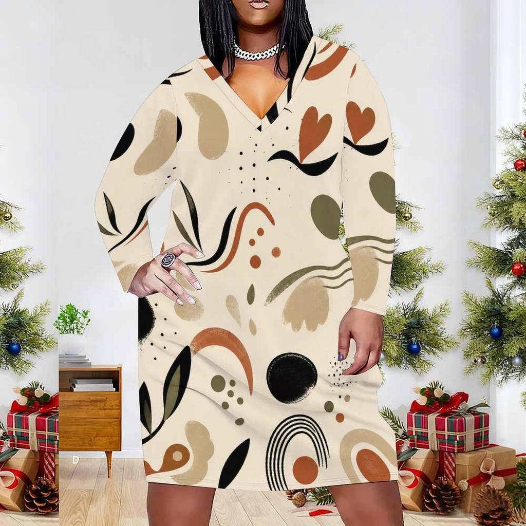 Women Plus Size V Neck Long Sleeve Abstract Printed Fitted Midi Dress