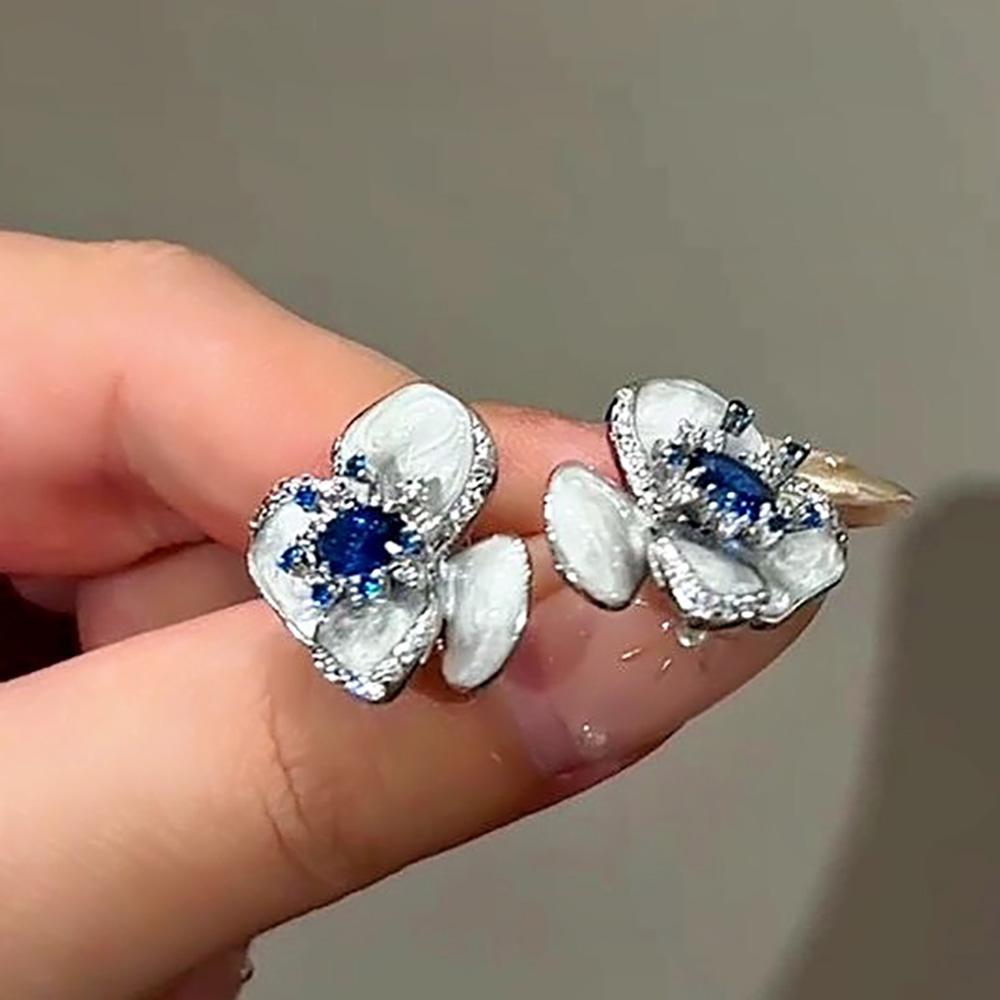 Cute Blue Flower Oil Drip Stud Earring for Women Girl Elegant Crystal Zircon Square Geometric Temperament Fashion Zircon Gift