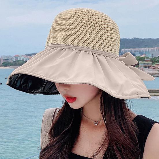 Sun Hat Large Brim Foldable Hollow Breathable Floppy UV Protection Bow Tie Decor Women Sunscreen Summer Hat Beach Cap for Outdoor