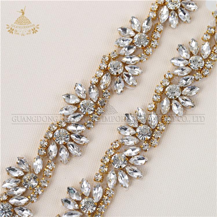 High Quality Fancy Applique Design Sash Shape Beaded Silver Crystal Rhinestone Applique Trims 2.2cm width золотой
