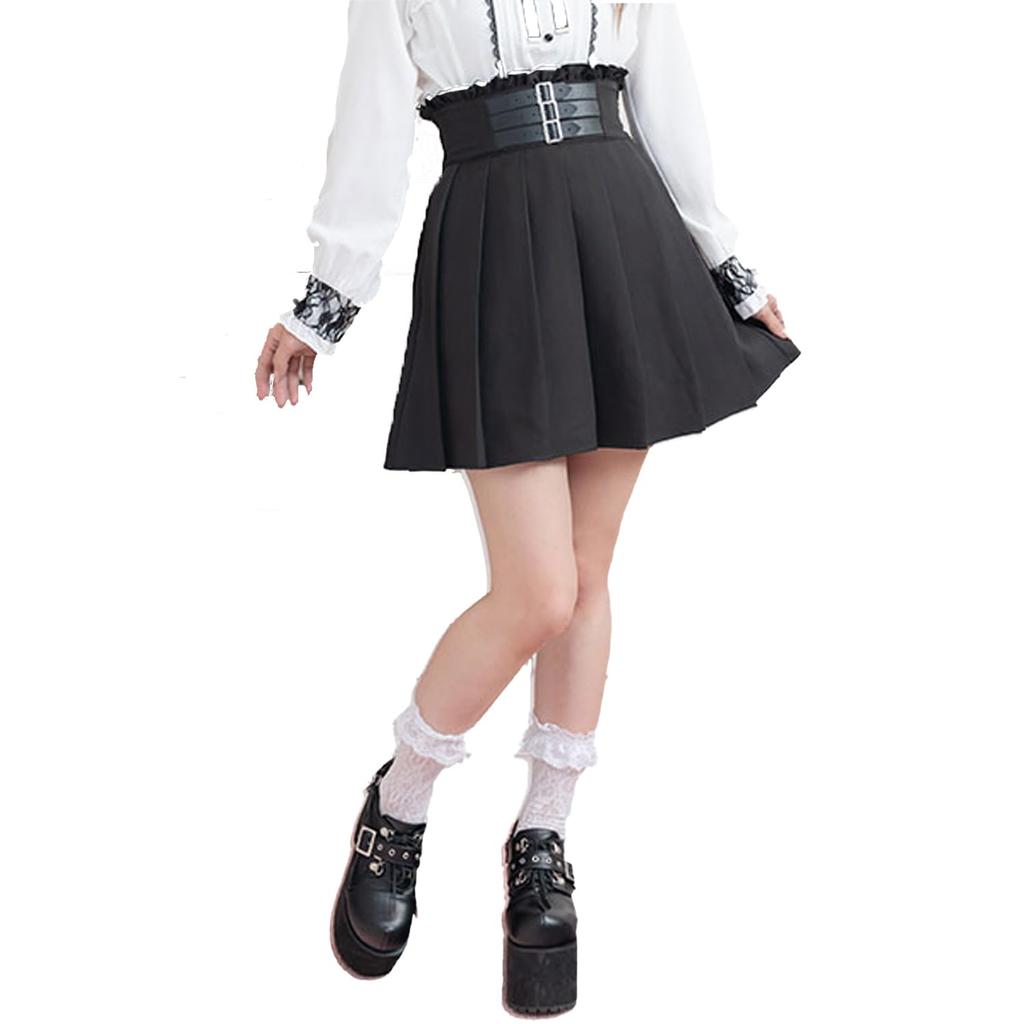 Yumetenbo Triple Buckle Belt Pleated Skirt, Flared Skirt, Knee-Length Skirt, Women's, Black, Pink, Lolita, Mass-Produced
