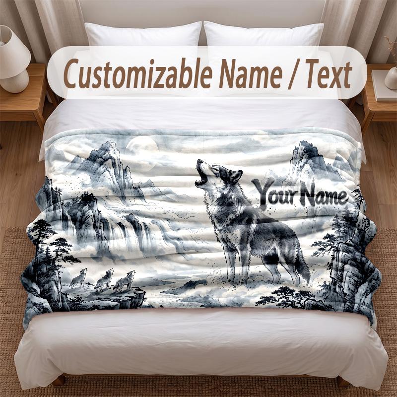 Wolf Theme Soft Blanket Personalized Custom Name Text Print Warm Blanket Home Sofa Bedroom Decor