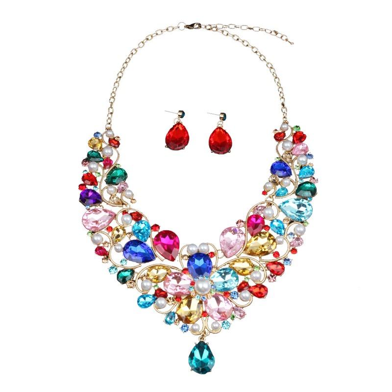 Exaggerated Gemstone Flower Water Drop Necklace Earrings Set Women's Dress Banquet Accessories