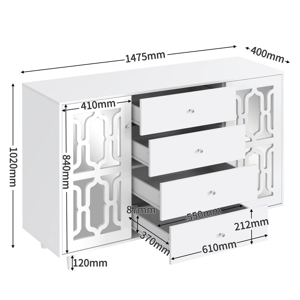Mirrored Sideboard, Modern Chest of Drawers with 2 Doors & 4 Drawers, Cabinet with Crystal Handles, for Living Room, Dining Room & Bedroom