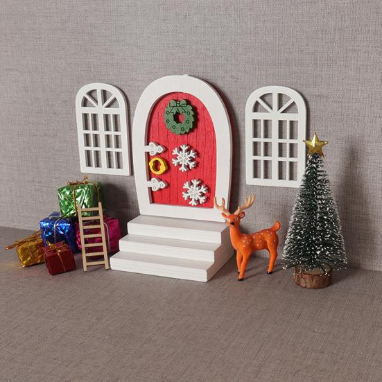 Miniature Christmas Scene Model Handmade Mini Wood Elf Door Festive Holiday Atmosphere Model Dollhouse