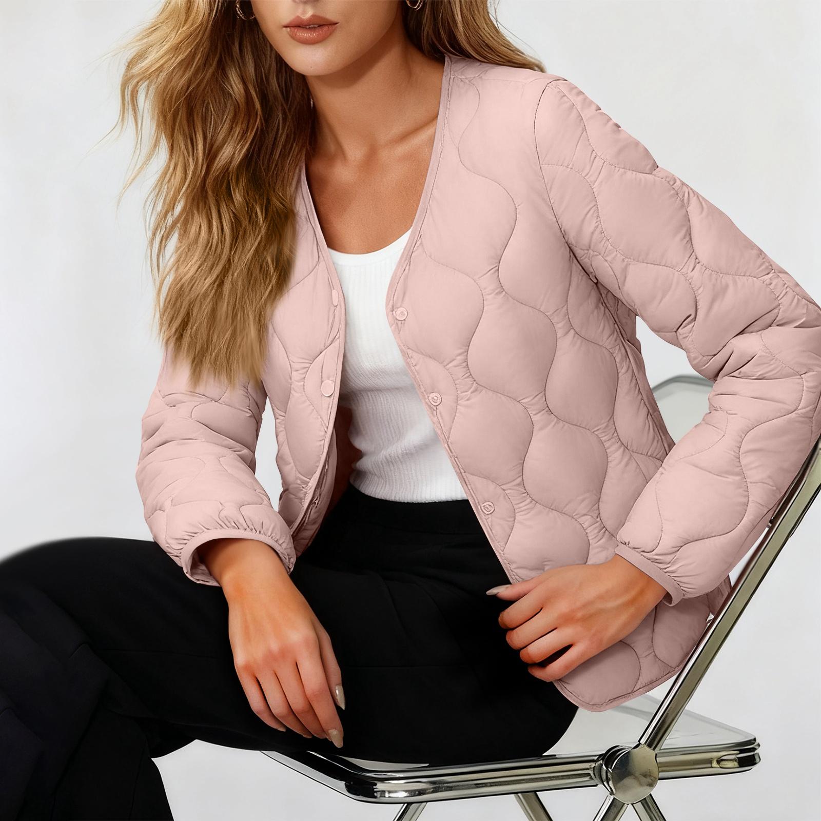 

Women s Solid-color Fashionable Lightweight Down Cotton-padded Jacket, Warm Collarless Coat XL