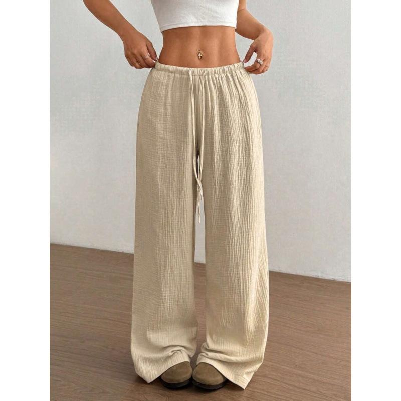 Women Cotton Linen Wide Leg Pants Elastic Waist Drawstring Loose Casual Trousers Plus Size Summer Streetwear