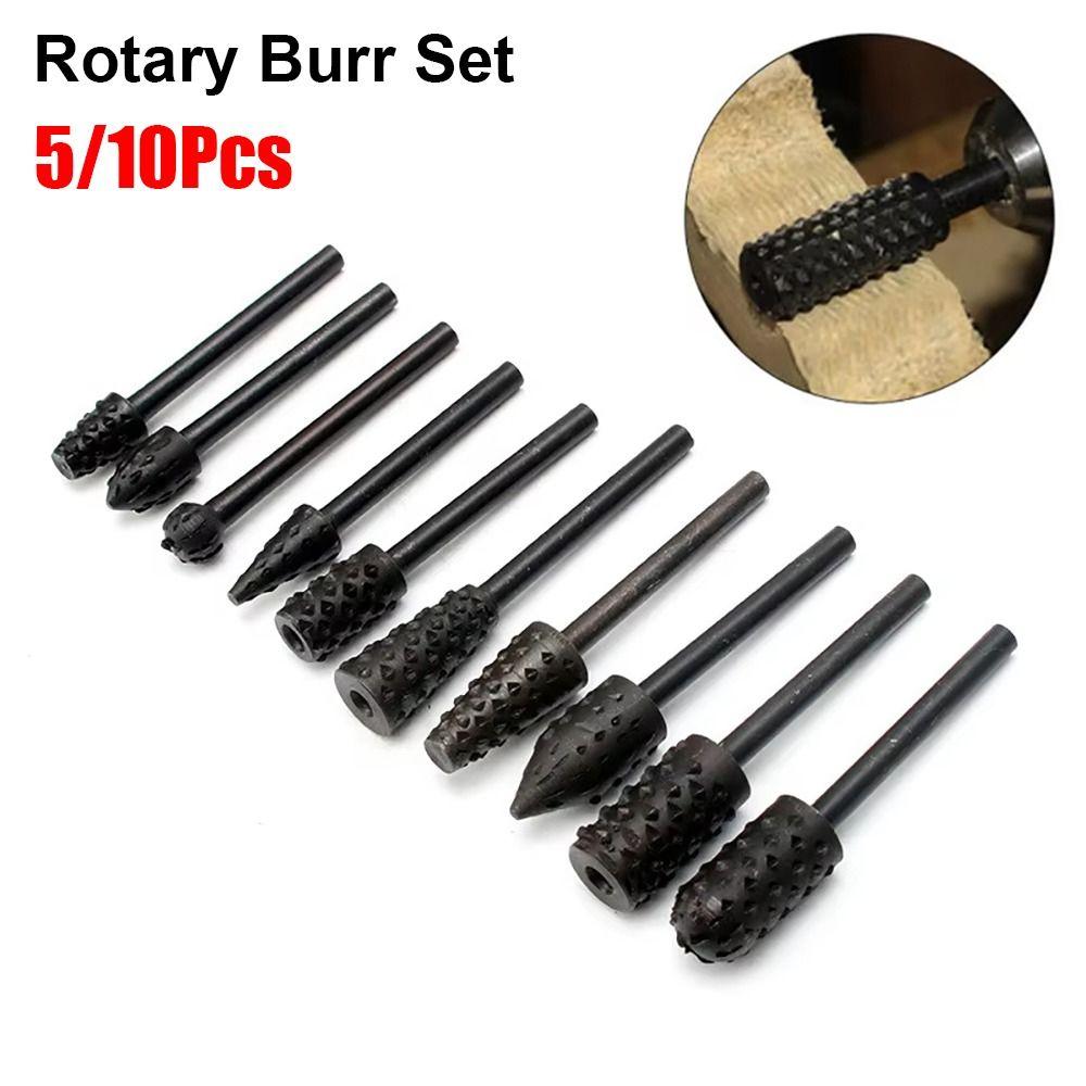5/10Pcs Black Grey Rotary Burr Set 6mm Shank Grinding Head Drill Bits  for Woodworking Root Carving