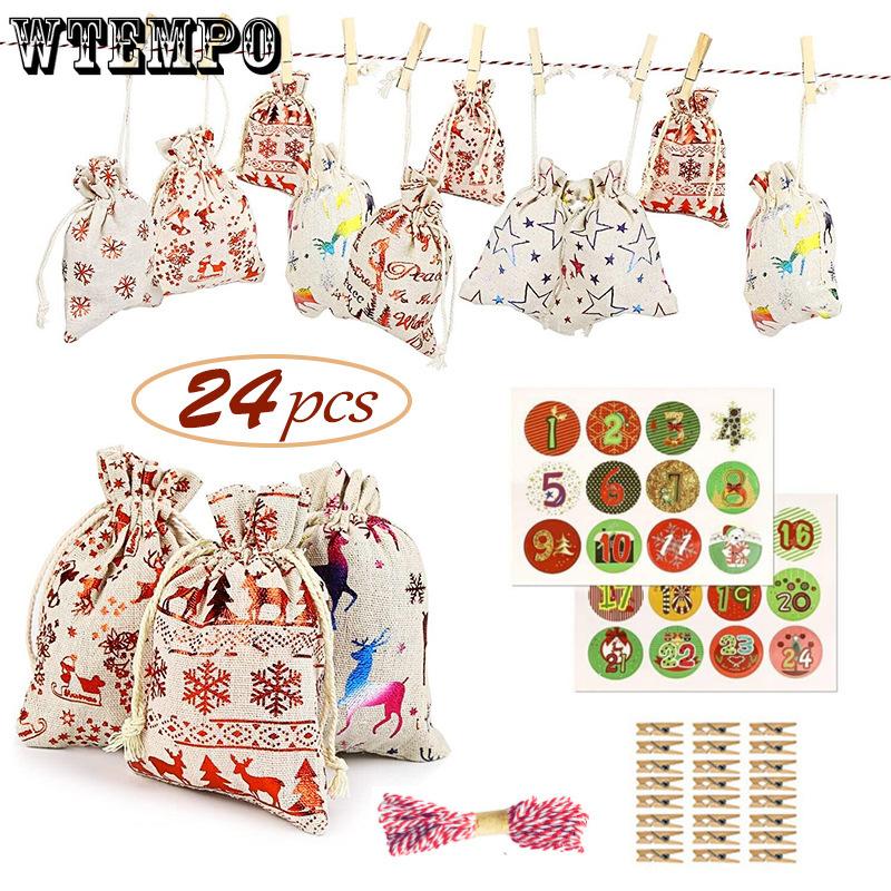 24pcs Linen Christmas Gift Bags with Gilded Christmas Patterns Chocolate Candy Packaging Gift Bags Drawstring Bags