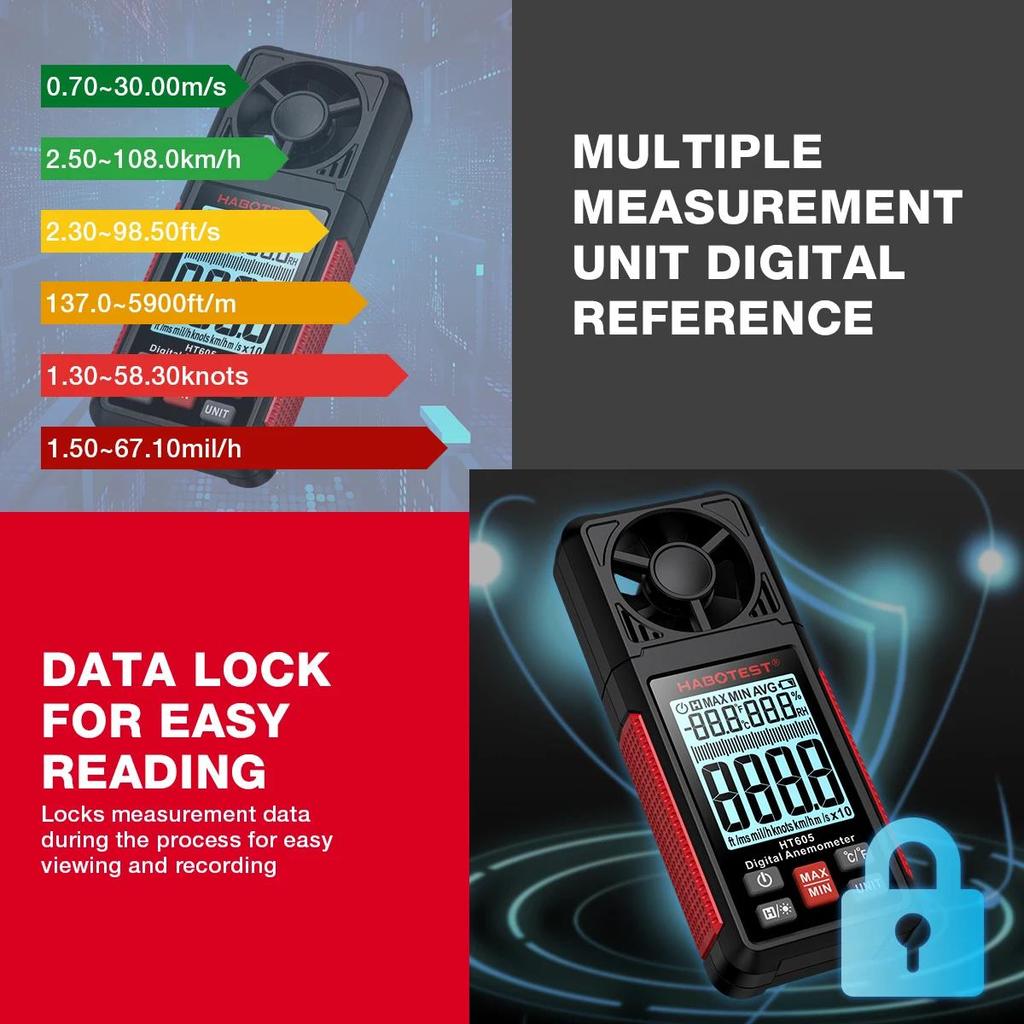 HABOTEST HT605 Digital Anemometer Portable Wind Speed Meter Windmeter LCD Backlight Display Temperature Humidity Meter