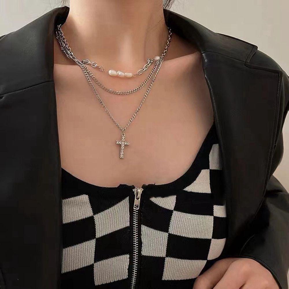

Стальная цепочка для свитера, жемчужное ожерелье, ожерелье в корейском стиле, крестовое ожерелье, женская цепочка на ключицу