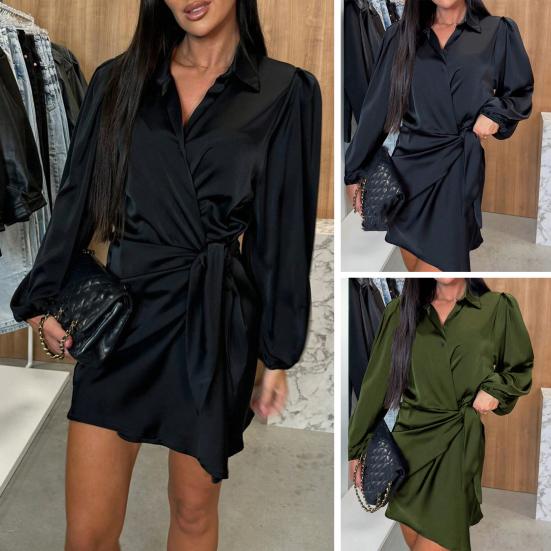 Women's Satin Shirt Dress V Neck Long Sleeve Wrap Dress Casual Tie Waist Mini Dress Party Club Short Dress