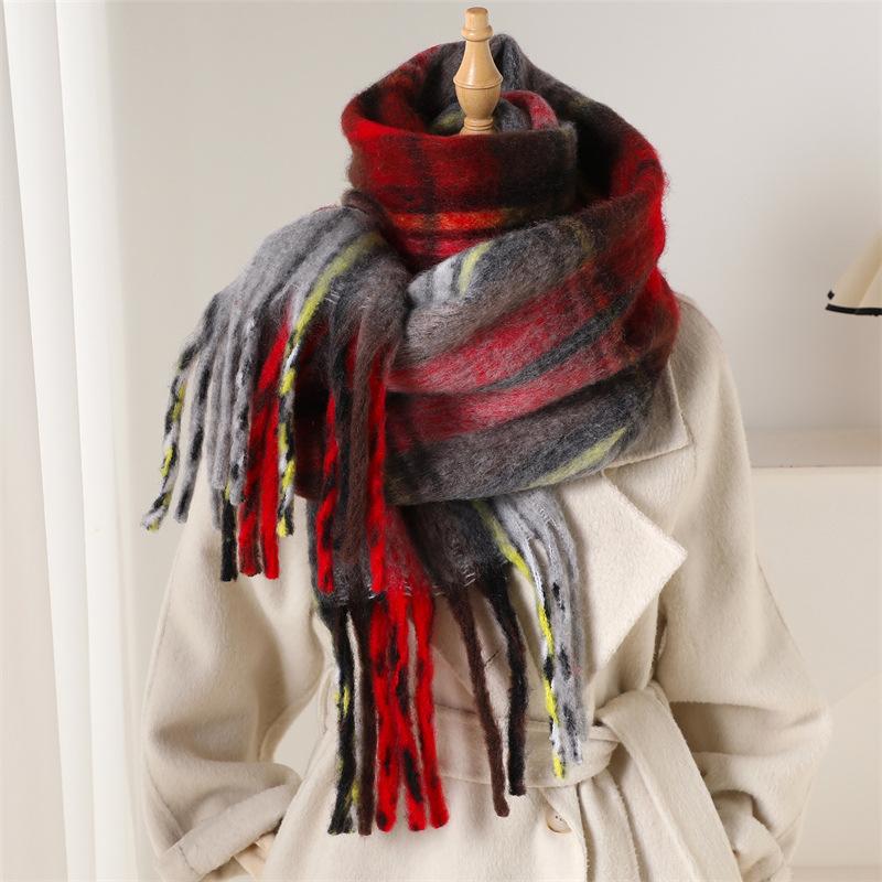 Winter  Rainbow Mohair Plaid Warm Thickened Scarf Commuting Versatile Tassel Imitation Cashmere Women'S Scarf