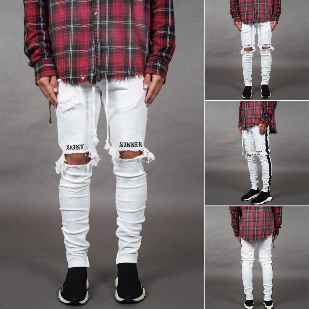 

(SU)Мужские модные джинсовые хлопковые брюки с прямыми отверстиями, потертые джинсы, длинные брюки