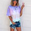 Summer Women's Short-sleeved T-shirt with O-collar Gradient Color Tie-dyed Fashionable Loose Top, Basic Street Large-sized Casual T-shirt