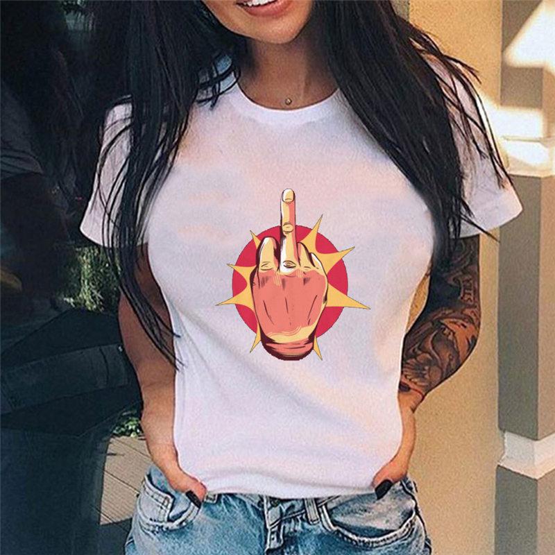 Summer Tshirt Women New Fashion Middle Finger Chest Graphic Printed Round Neck T Shirt Casual Simple Women Tee Tops Female