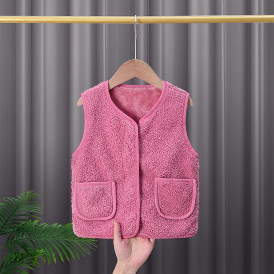 Barn Fleece Vest Ermløs Jakke Ensfarget V-hals Glidelåsvest med Lommer Varm Vinter Plysjvest for Gutter Jenter