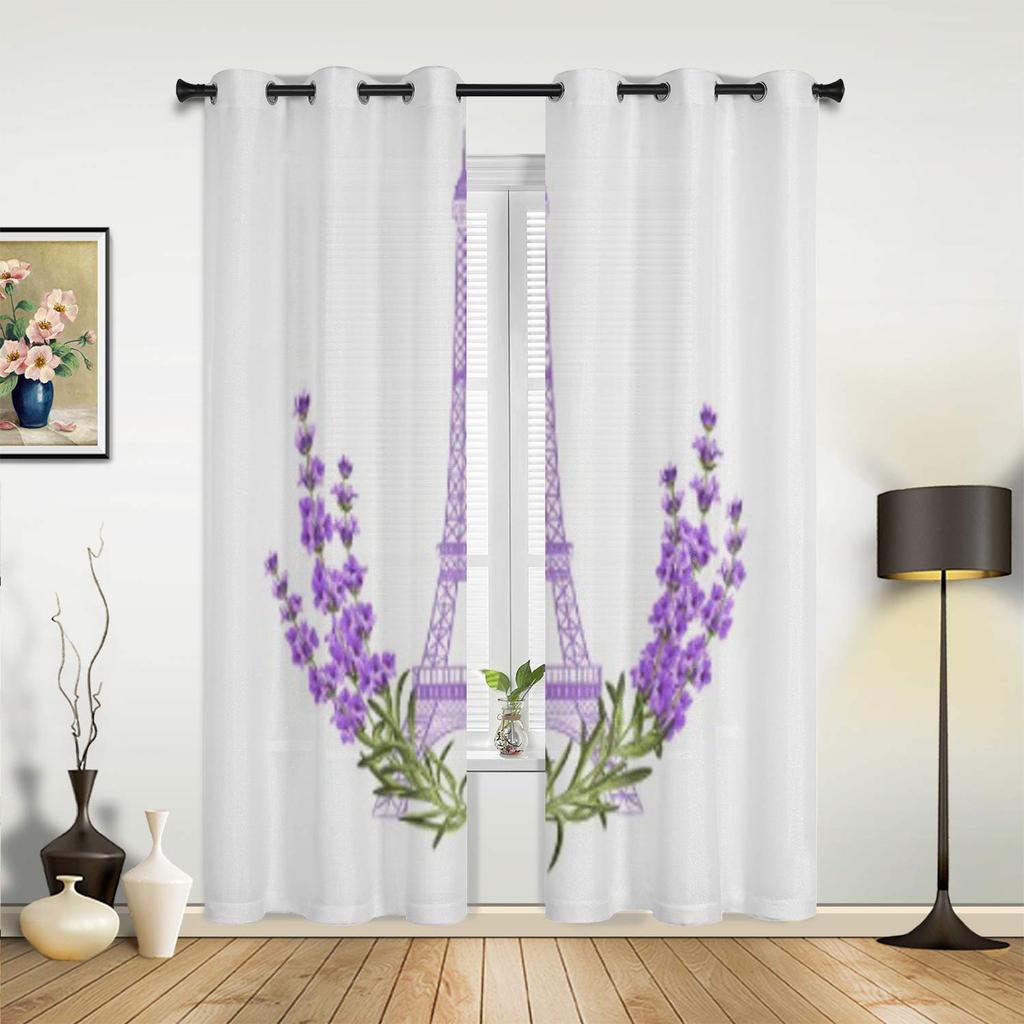 Eiffel Tower with Lavender Flowers Luxury Window Curtain for Living Room Bedroom Home Decor Kitchen for Window Drapes