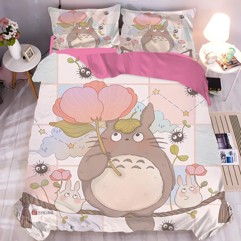 Squisito Set Biancheria da Letto con Stampa Cartone Animato Copripiumino Il Mio Vicino Totoro Set Biancheria da Letto Piumone Letto Giovani Decorazioni per la Casa Bambini Ragazzi Ragazze
